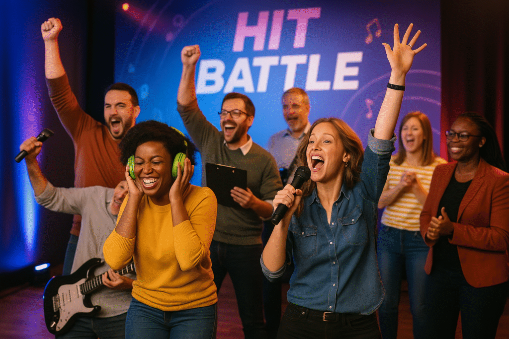 Joueurs team building qui chantent